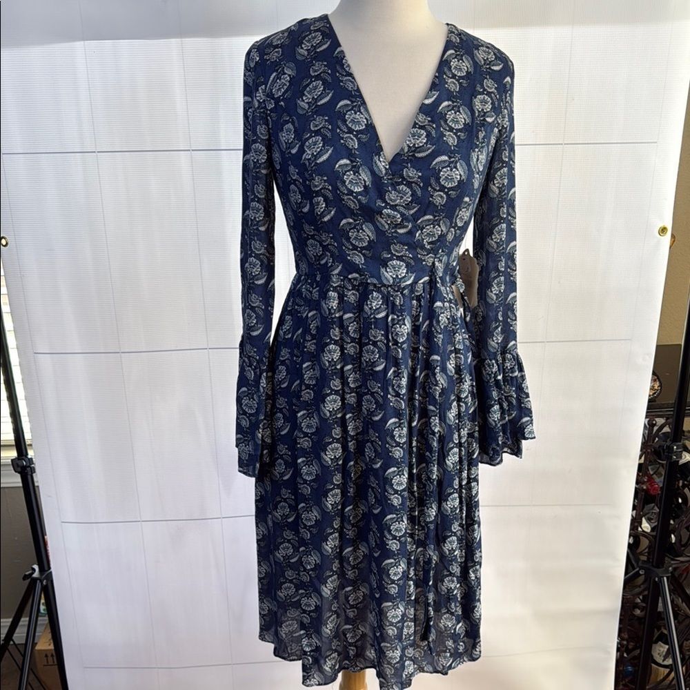 Altar'd State Floral Blue Faux Wrap long Sleeve Dress, Large - NWT